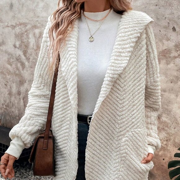 Apricot Casual Women's Waterfall Collar Open Front Teddy Coat - Picture 4 of 7